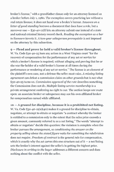 Page 310 of the West Virginia Real Estate Broker Exam Study Guide (2026) PDF — Part II — West Virginia State Law & Practice: broker’s license,” with a grandfather clause only for an attorney licensed as a broker before July 1, 1980. The exemption covers practicing law without a real…
