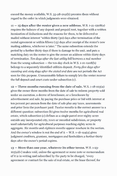Page 331 of the Wyoming Real Estate Broker Exam Study Guide (2026) PDF — Part II — Wyoming State Law & Practice: exceed the money available, W.S. 33-28-202(b) prorates them without regard to the order in which judgments were obtained. 11 — 15 days after the renter gives a…