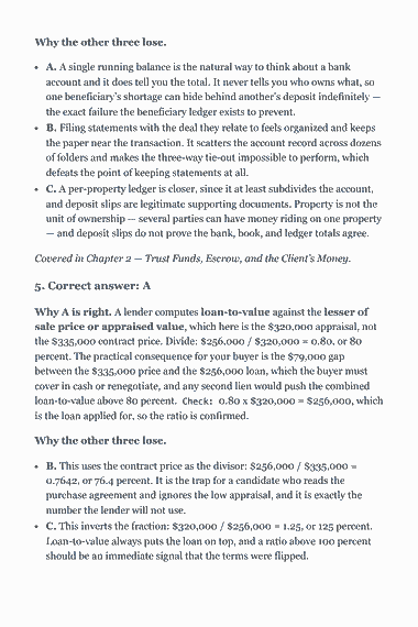 Page 141 of the Real Estate Broker Exam Study Guide — National Portion (2026) PDF — Answer Key and Explanations: Why the other three lose. A. A single running balance is the natural way to think about a bank account and it does tell you the total. It never tells you who…