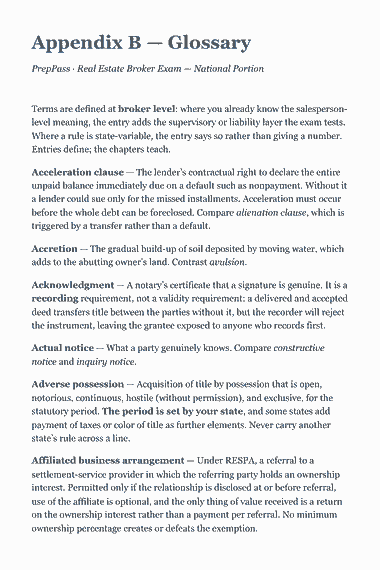 Page 207 of the Real Estate Broker Exam Study Guide — National Portion (2026) PDF — Appendix B — Glossary: Appendix B — Glossary PrepPass · Real Estate Broker Exam — National Portion Terms are defined at broker level: where you already know the salesperson- level…