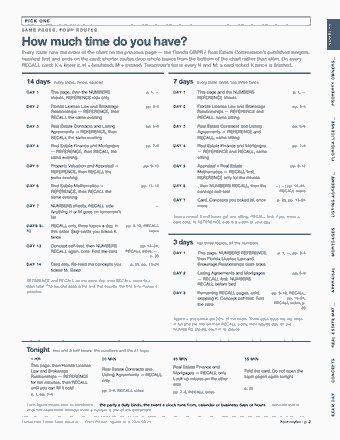 Page 2 of the Florida Real Estate Sales Associate Exam — Cram Sheet (2026) PDF: PICK ONE NUMBERS S A M E PA G E S , F O U R R O U T E S How much time do you have? Every route runs the order of the chart on the previous page — the Florida…