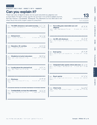 Page 14 of the New York Real Estate Salesperson Exam — Cram Sheet (2026) PDF: RECALL NUMBERS CONCEPT SELF-TEST · SHEET 1 OF 6 · AGENCY Can you explain it? These rules carry no figure to blank, and the exam tests them as judgement and…