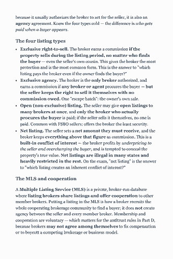 Page 100 of the Real Estate Salesperson Exam — Complete Study Guide (2026) PDF — Section 1–36, boustrophedonic ("ox-plow") — Sec. 1 in the NE corner, Sec.: because it usually authorizes the broker to act for the seller, it is also an agency agreement. Know the four types cold — the difference is who gets paid when…