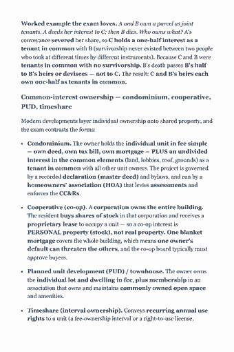 Page 35 of the Real Estate Salesperson Exam — Complete Study Guide (2026) PDF — Section 1–36, boustrophedonic ("ox-plow") — Sec. 1 in the NE corner, Sec.: Worked example the exam loves. A and B own a parcel as joint tenants. A deeds her interest to C; then B dies. Who owns what? A's conveyance severed her share,…