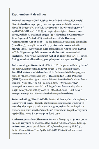 Page 96 of the Real Estate Salesperson Exam — Complete Study Guide (2026) PDF — Section 1–36, boustrophedonic ("ox-plow") — Sec. 1 in the NE corner, Sec.: Key numbers & deadlines Federal statutes - Civil Rights Act of 1866 — bars ALL racial discrimination in property, no exceptions; upheld in Jones v. Alfred H.…