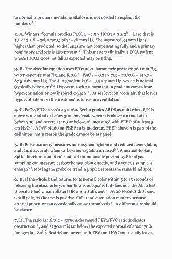 Page 35 of the TMC Study Guide — 2026 Edition PDF — Chapter 1 · Patient Data (Domain I): to normal, a primary metabolic alkalosis is not needed to explain the numbers[2]. 2. A. Winters’ formula predicts PaCO2 = 1.5 × HCO3 + 8 ± 2[2]. Here that is…