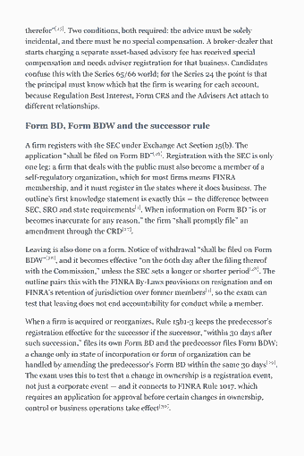Page 12 of the Series 24 Study Guide — 2026 Edition PDF — Chapter 1 — Registering the Firm, Its Offices and Its People (Function 1): therefor”[25]. Two conditions, both required: the advice must be solely incidental, and there must be no special compensation. A broker-dealer that starts…