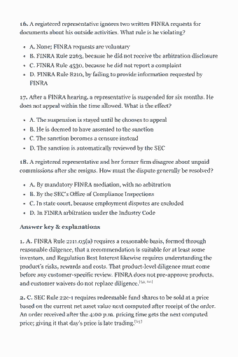 Page 60 of the Series 24 Study Guide — 2026 Edition PDF — Chapter 3 — Products, Discipline and Disputes (Function 2, Part 2): 16. A registered representative ignores two written FINRA requests for documents about his outside activities. What rule is he violating? A. None; FINRA…