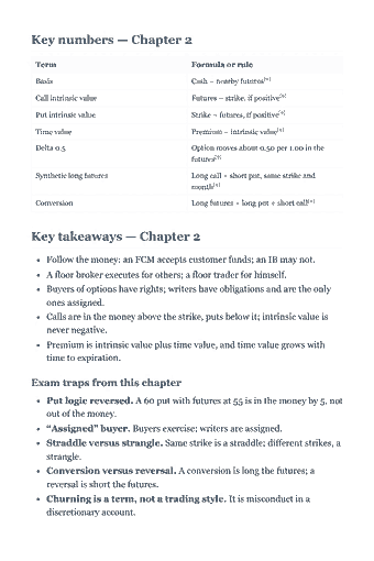 Page 34 of the Series 3 Study Guide — 2026 Edition PDF — Chapter 2 — Futures and Options Terminology: Key numbers — Chapter 2 Term Formula or rule Basis Cash − nearby futures[9] Call intrinsic value Futures − strike, if positive[9] Put intrinsic value Strike −…