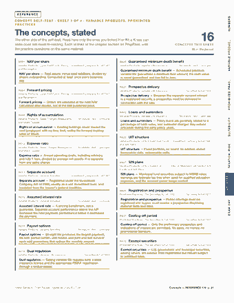 Page 21 of the Series 6 — Cram Sheet (2026) PDF: REFERENCE NUMBERS C O N C E P T S E L F - T E S T · S H E E T 1 O F 4 · VA R I A B L E P R O D U C T S , P R O H I B I T E D PRACTICES The concepts, stated The…