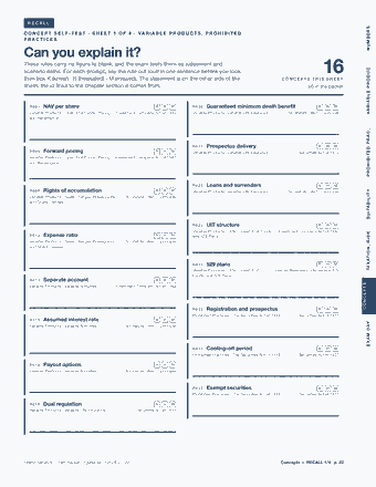 Page 22 of the Series 6 — Cram Sheet (2026) PDF: RECALL NUMBERS C O N C E P T S E L F - T E S T · S H E E T 1 O F 4 · VA R I A B L E P R O D U C T S , P R O H I B I T E D PRACTICES Can you explain it? These…