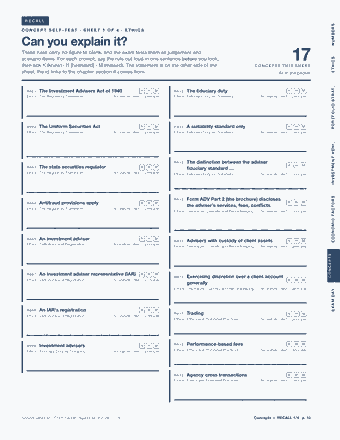 Page 10 of the Series 65 — Cram Sheet (2026) PDF: RECALL NUMBERS CONCEPT SELF-TEST · SHEET 1 OF 4 · ETHICS Can you explain it? These rules carry no figure to blank, and the exam tests them as judgement and…