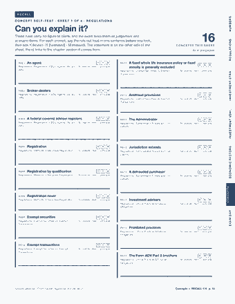 Page 10 of the NASAA Series 66 — Cram Sheet (2026) PDF: RECALL NUMBERS C O N C E P T S E L F - T E S T · S H E E T 1 O F 4 · R E G U L AT I O N S Can you explain it? These rules carry no figure to blank, and the…