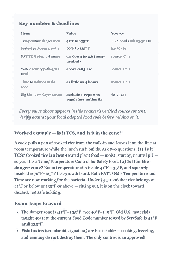Page 12 of the ServSafe Manager Exam — Complete Study Guide (2026) PDF — Chapter 1 — Foodborne Illness Basics: Key numbers & deadlines Item Value Source Temperature danger zone 41°F to 135°F FDA Food Code §3-501.16 Fastest pathogen growth 70°F to 125°F §3-501.16 FAT TOM…