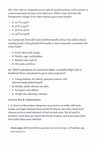 Page 17 of the ServSafe Manager Exam — Complete Study Guide (2026) PDF — Chapter 1 — Foodborne Illness Basics: 18. A line cook at a taquería leaves a pan of cooked carnitas on the counter at room temperature during a slow afternoon. Which range describes the Temperature…