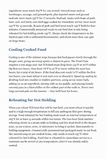 Page 63 of the ServSafe Manager Exam — Complete Study Guide (2026) PDF — Chapter 5 — Preparation and Cooking: ingredients must reach 165°F for one second. Ground meat such as hamburger, sausage, and ground pork, plus injected meats and ground seafood, must reach 155°F…
