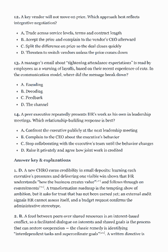 Page 37 of the SHRM-SCP Study Guide — 2026 Edition PDF — Chapter 2 — Interpersonal: 12. A key vendor will not move on price. Which approach best reflects integrative negotiation? A. Trade across service levels, terms and contract length B.…