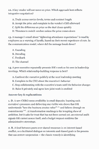 Página 38 del PDF de SHRM-SCP Study Guide — 2026 Edition — Chapter 2 — Interpersonal: 12. A key vendor will not move on price. Which approach best reflects integrative negotiation? A. Trade across service levels, terms and contract length B.…