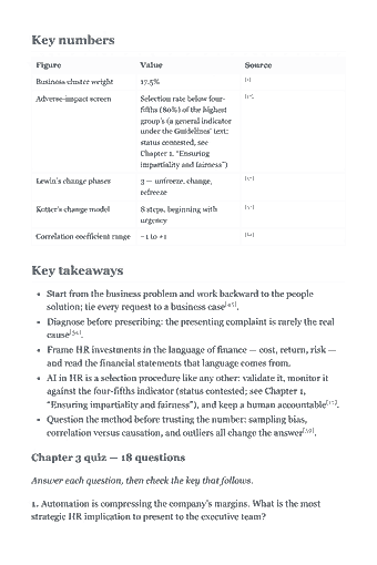 Página 49 del PDF de SHRM-SCP Study Guide — 2026 Edition — Chapter 3 — Business: Key numbers Figure Value Source [1] Business cluster weight 17.5% [17] Adverse-impact screen Selection rate below four- fifths (80%) of the highest group’s (a…