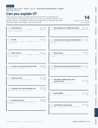 Page 42 of the Sterile Processing Technician — Cram Sheet (2026) PDF: RECALL NUMBERS C O N C E P T S E L F - T E S T · S H E E T 9 O F 1 0 · I N V E N T O R Y M A N A G E M E N T, H U M A N R E L AT I O N S K I L L S Can you…
