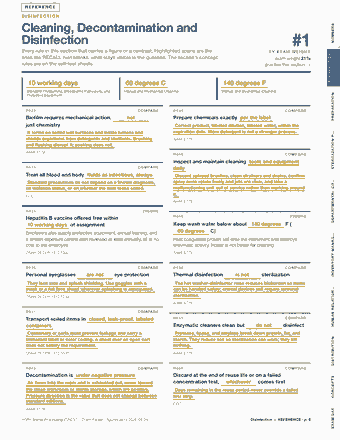 Page 9 of the Sterile Processing Technician — Cram Sheet (2026) PDF: REFERENCE DISINFECTION Cleaning, Decontamination and NUMBERS Disinfection Every rule in this section that carries a figure or a contrast. Highlighted spans are…