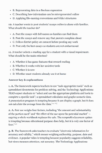 Page 124 of the TExES PPR EC–12 (160) Study Guide — 2026 Edition PDF — Chapter 8 — Technology for Teaching and Learning (Competency 009): B. Representing data in a Boolean expression C. Describing how information can be misrepresented online D. Applying file-naming conventions and folder…