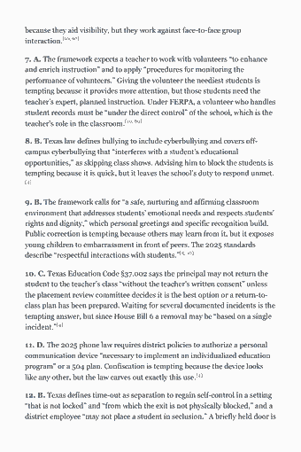 Page 89 of the TExES PPR EC–12 (160) Study Guide — 2026 Edition PDF — Answer key & explanations: because they aid visibility, but they work against face-to-face group interaction.[10, 67] 7. A. The framework expects a teacher to work with volunteers “to…