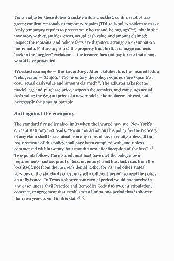 Page 15 of the Texas All Lines Adjuster Study Guide — 2026 Edition PDF — Chapter 1 — The Standard Fire Policy, Dwelling and Homeowners Coverage: For an adjuster these duties translate into a checklist: confirm notice was given; confirm reasonable temporary repairs (TDI tells policyholders to make “only…