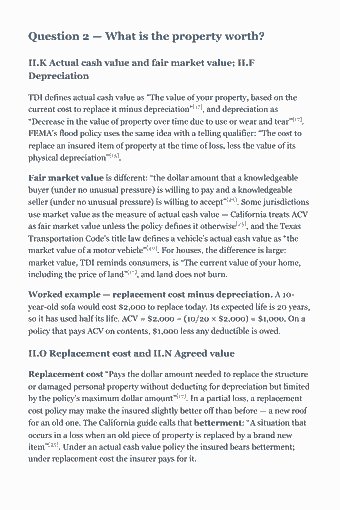 Page 72 of the Texas All Lines Adjuster Study Guide — 2026 Edition PDF — Chapter 5 — Risk, Value and the Measure of a Loss: Question 2 — What is the property worth? II.K Actual cash value and fair market value; II.F Depreciation TDI defines actual cash value as “The value of your…
