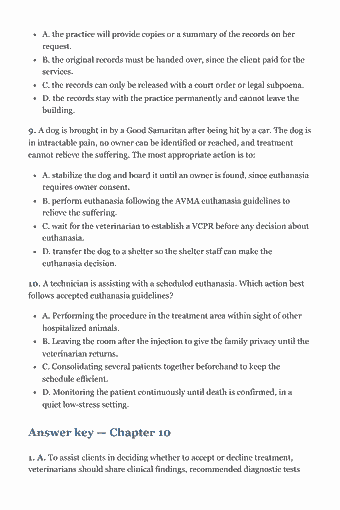 Page 119 of the VTNE Study Guide — 2026 Edition PDF — Chapter 10 — Communication and Veterinary Professional Support Services: A. the practice will provide copies or a summary of the records on her request. B. the original records must be handed over, since the client paid for the…