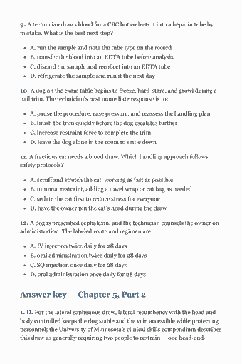 Page 69 of the VTNE Study Guide — 2026 Edition PDF — Chapter 5 — Animal Care and Nursing, Part 2: Medication, Behavior, and Handling: 9. A technician draws blood for a CBC but collects it into a heparin tube by mistake. What is the best next step? A. run the sample and note the tube type on…