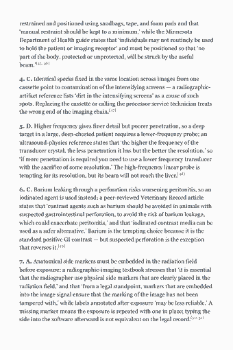 Page 80 of the VTNE Study Guide — 2026 Edition PDF — Chapter 6 — Diagnostic Imaging: restrained and positioned using sandbags, tape, and foam pads and that ‘manual restraint should be kept to a minimum,’ while the Minnesota Department of Health…