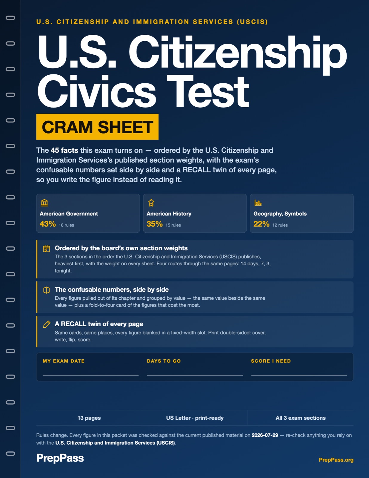 U.S. Citizenship Civics Test — Cram Sheet (2026) cover