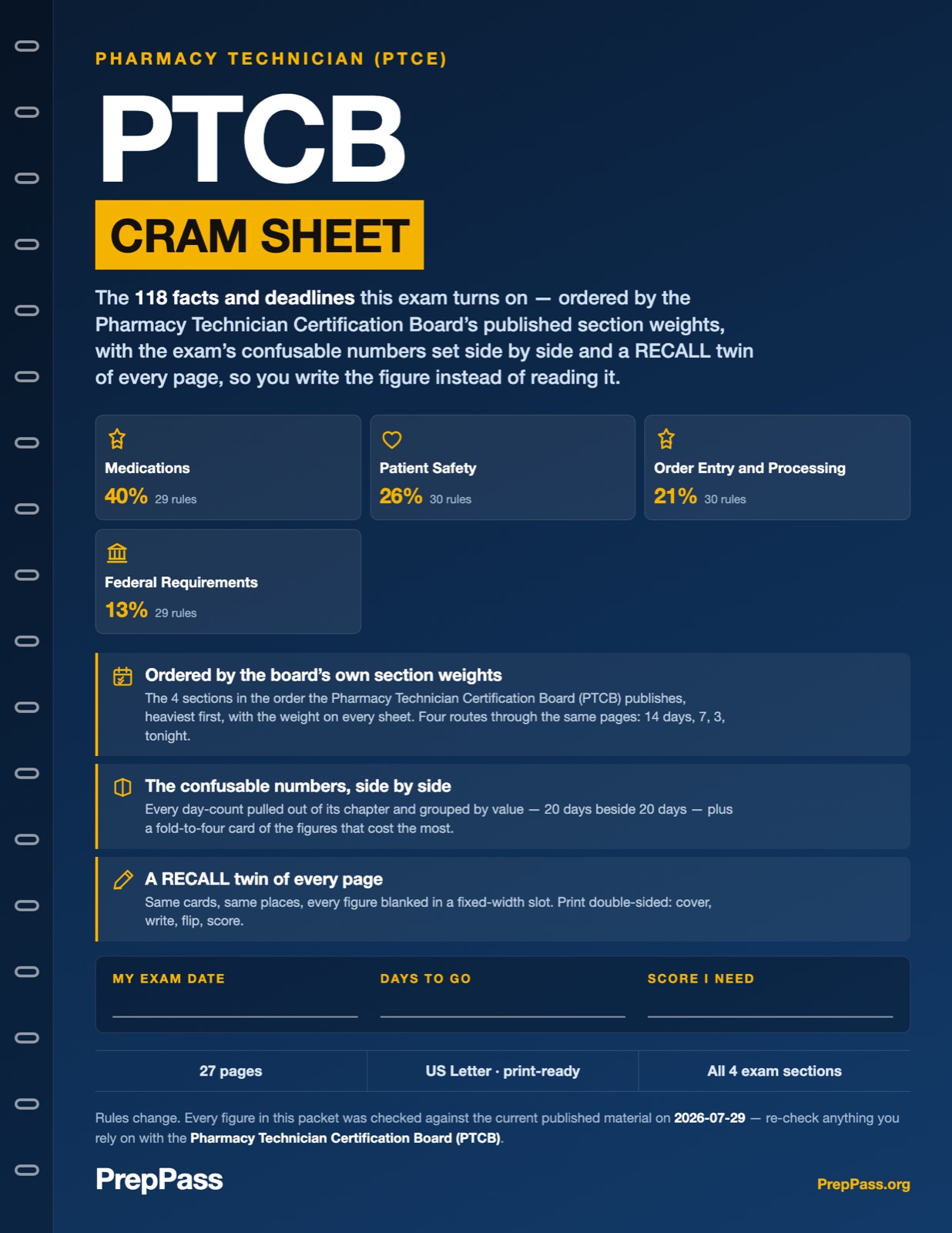 PTCB Pharmacy Technician — Cram Sheet (2026) cover