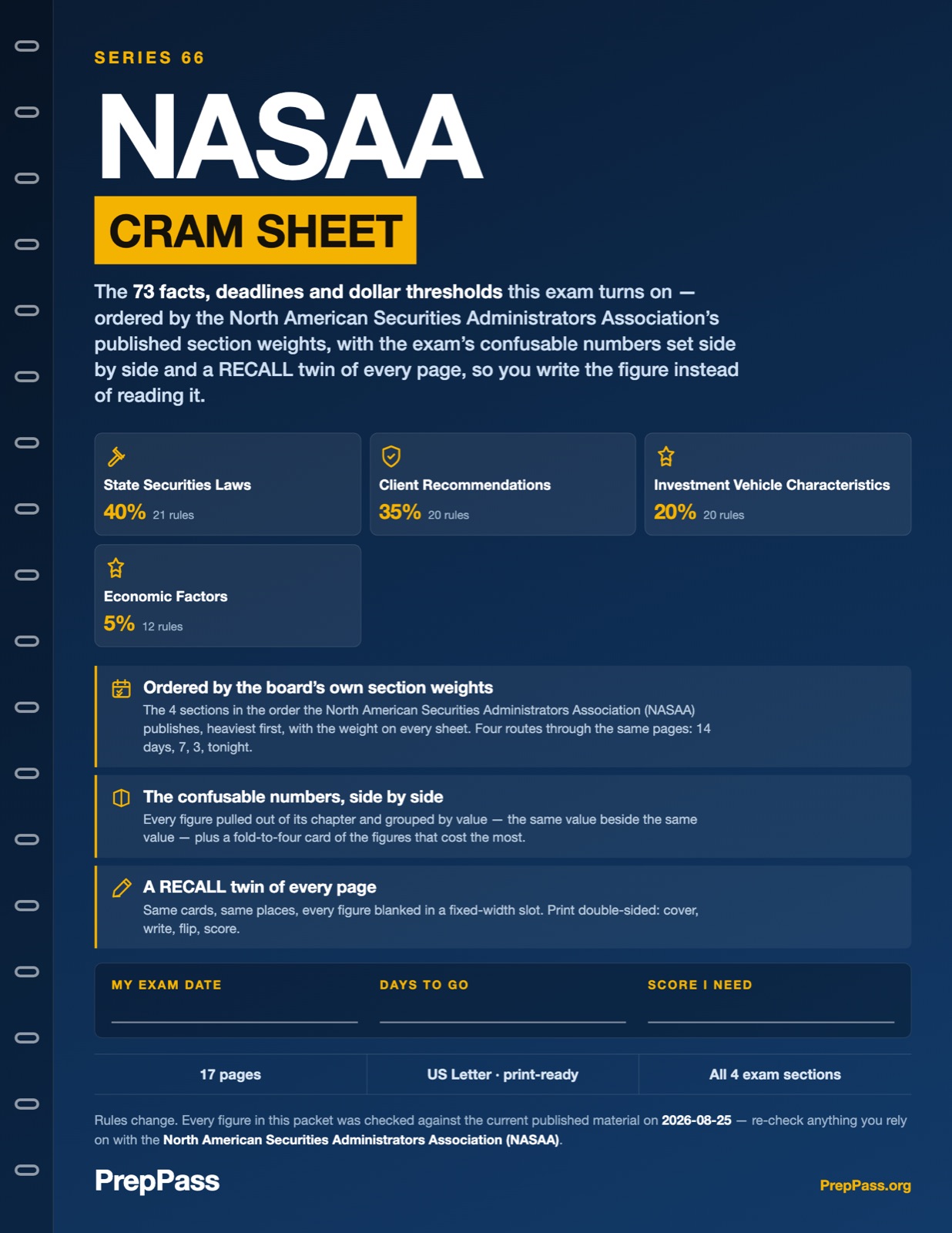 NASAA Series 66 — Cram Sheet (2026) cover